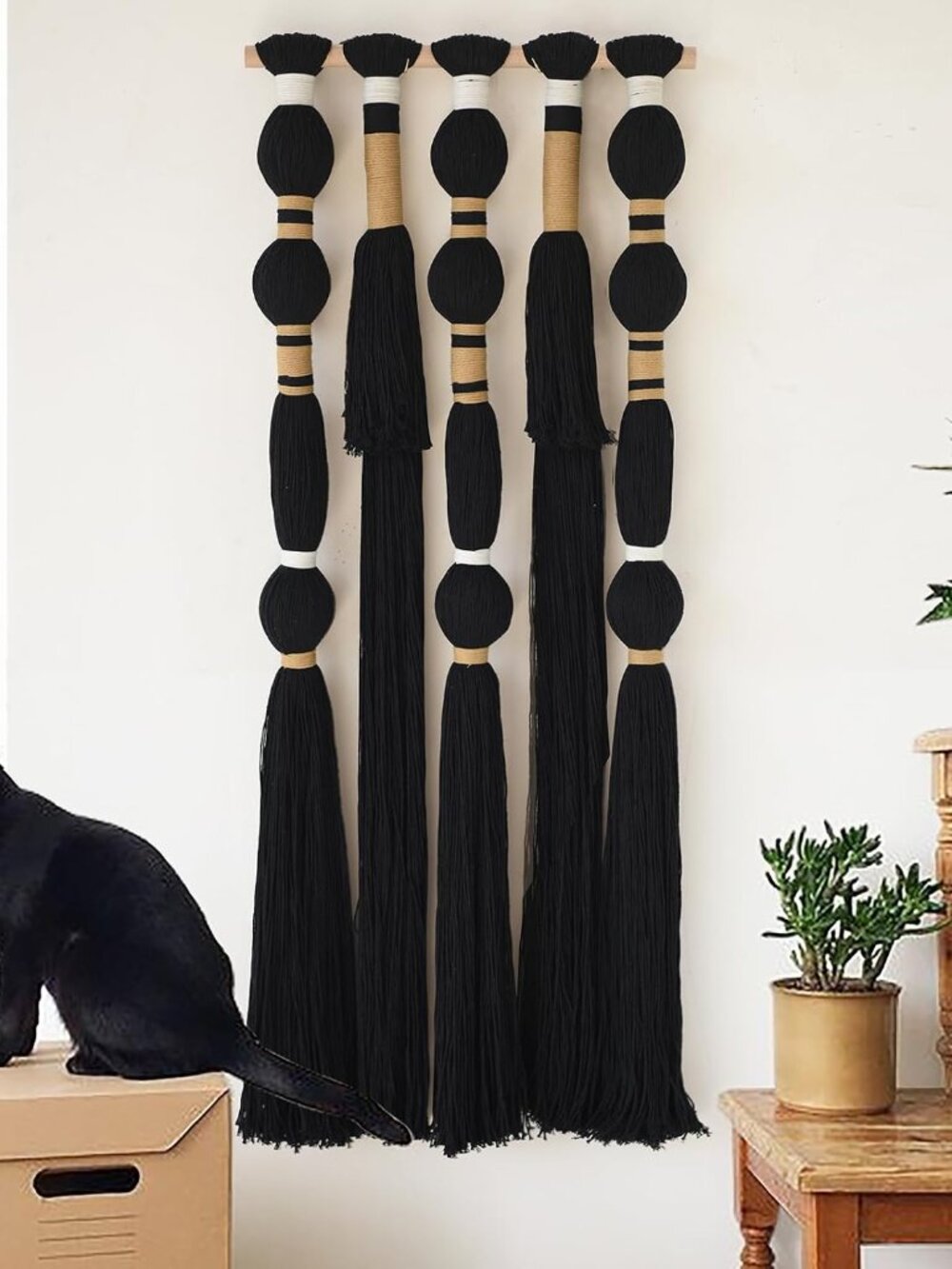Macrame Wall Hanging Black Spherical Tassel Geometric Wall Art 15.7"W*39"L